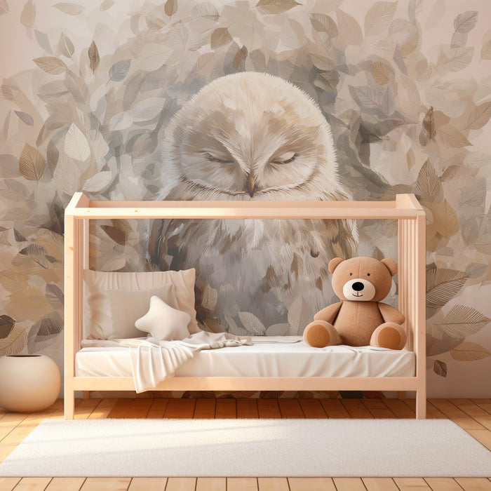 Kids room wallpaper | Sleeping owl in a leafy setting