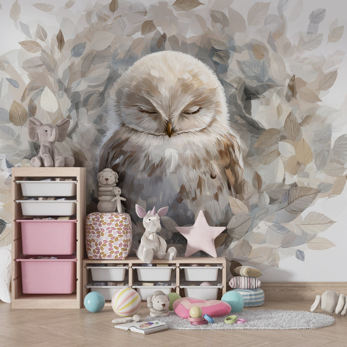 Kids room wallpaper | Sleeping owl in a leafy setting