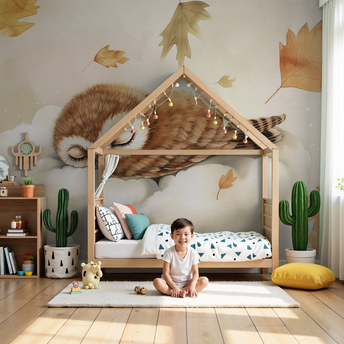 Papel pintado infantil | Búho dormido y hojas de otoño