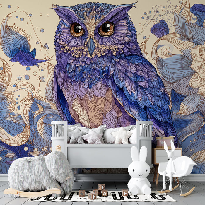 Kids room wallpaper | Majestic owl in the middle of flowers