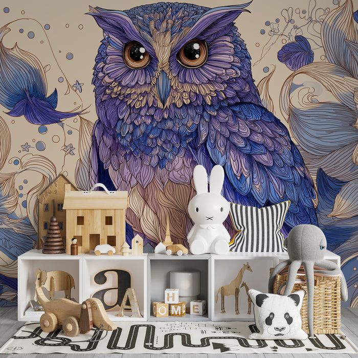Kids room wallpaper | Majestic owl in the middle of flowers