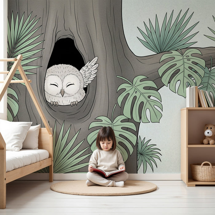 Kinderzimmer Tapete | Niedliche Eule im Baumstamm