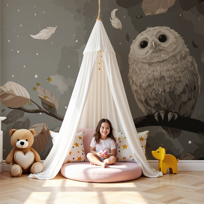 Papel pintado infantil | Búho sabio y follaje otoñal