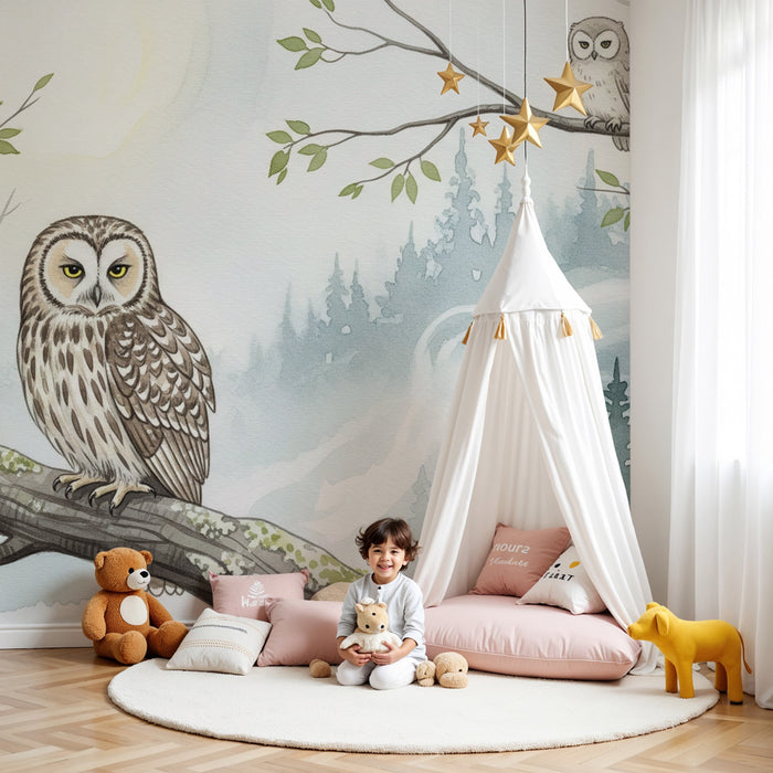 Kinderzimmer Tapete | Eulen sitzen in den Bäumen