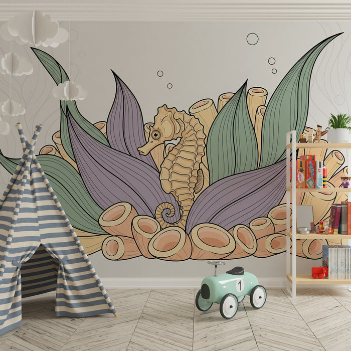 Kinderzimmer Tapete | Seepferdchen und Korallenriff unter Wasser