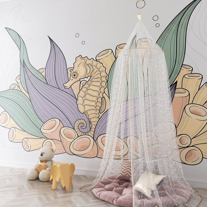 Kinderzimmer Tapete | Seepferdchen und Korallenriff unter Wasser