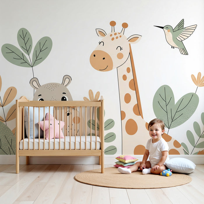 Papier peint chambre enfant | Hippopotame et girafe joyeux dans la nature