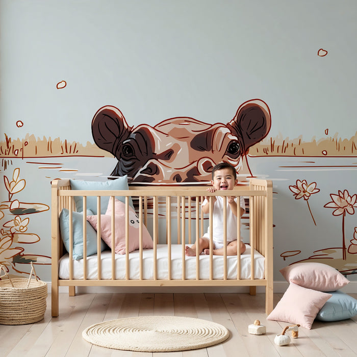 Kids room wallpaper | Peaceful hippopotamus in its aquatic habitat