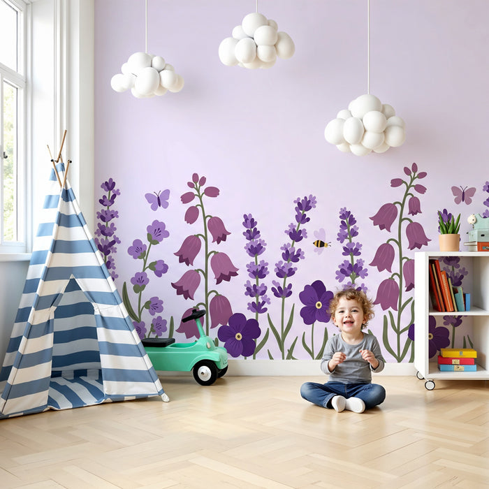 Carta da parati bambini | Giardino fiorito con farfalle e api
