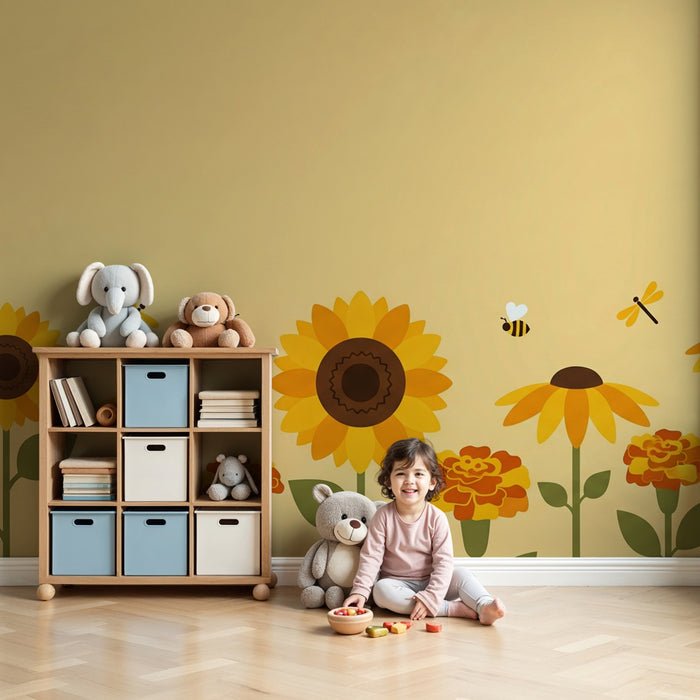 Papier peint chambre enfant | Jardins ensoleillés avec fleurs et insectes