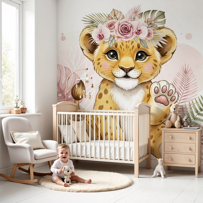 Papel de parede criança | Tânăr leopard adorabil cu flori