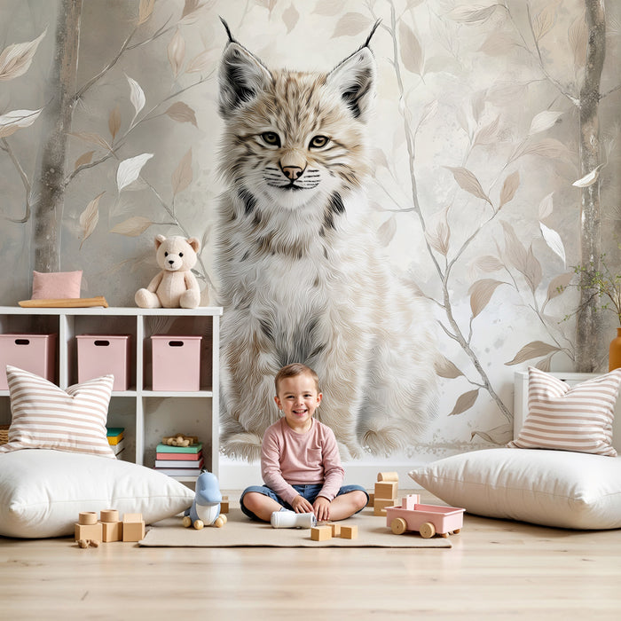 Papel pintado infantil | Joven lince en medio de las hojas
