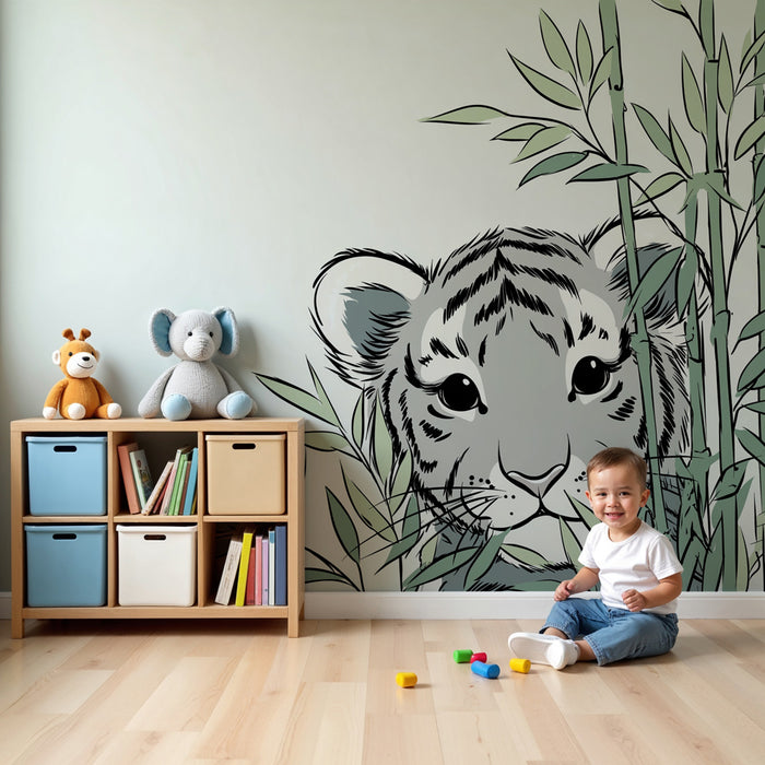 Detská izba tapeta | Mladý tiger a bujná rastlina