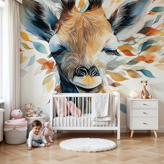 Papel de parede criança | Bonito retrato de girafa e folhas coloridas