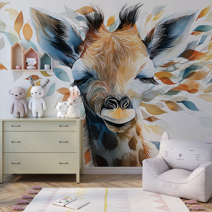 Kinderkamer behang | Mooi portret van een giraffe en kleurrijke bladeren