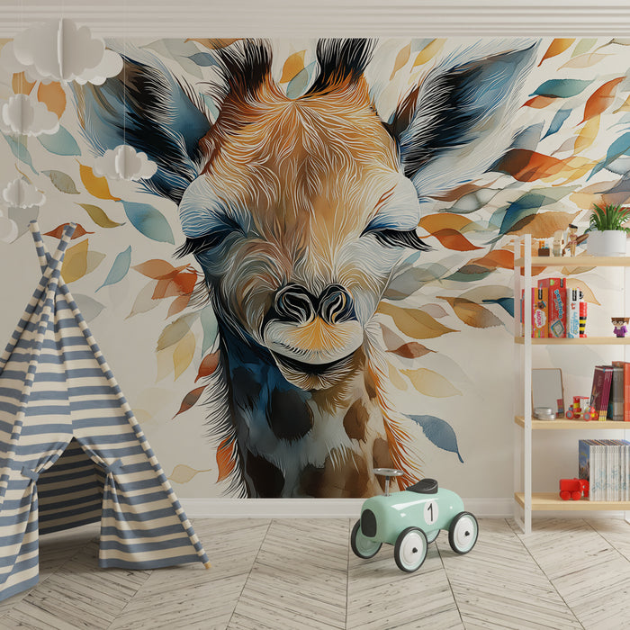 Kinderkamer behang | Mooi portret van een giraffe en kleurrijke bladeren