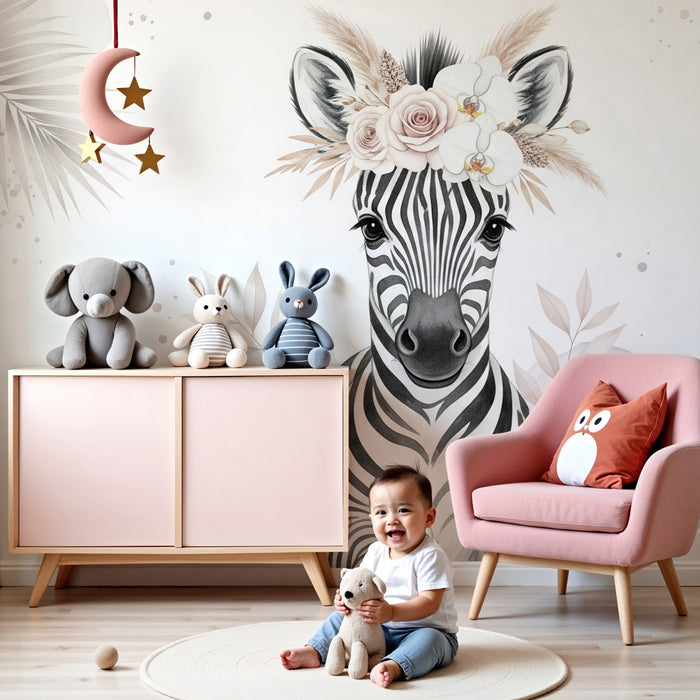 Kinderkamer behang | Mooie bloemenzebra voor een delicate sfeer
