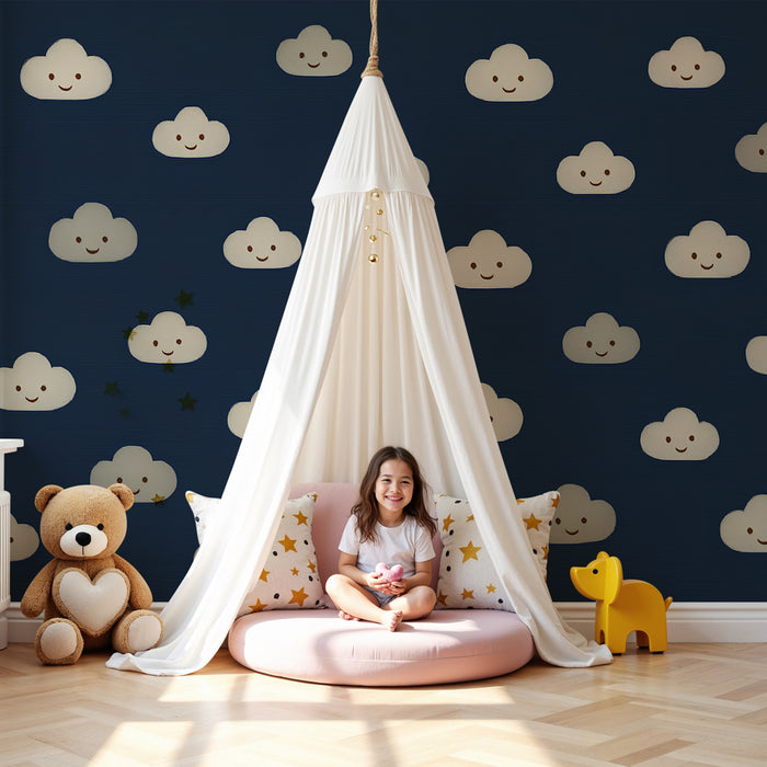 Kids room wallpaper | Lovely smiling clouds on navy background