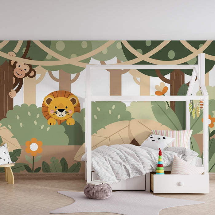 Papel de parede criança | Selva animada com macaco e leão