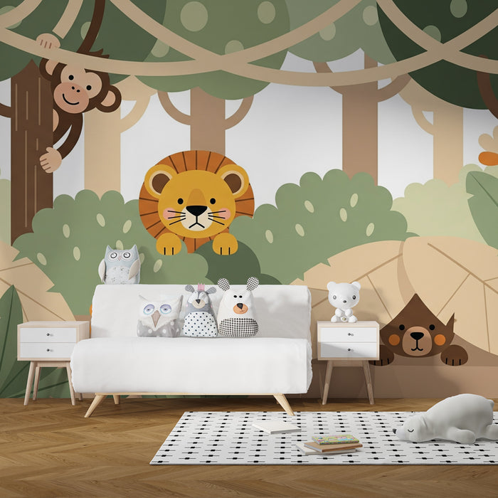 Papel de parede criança | Selva animada com macaco e leão