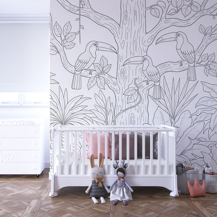 Papel de parede criança | Arte da selva com tucanos para colorir