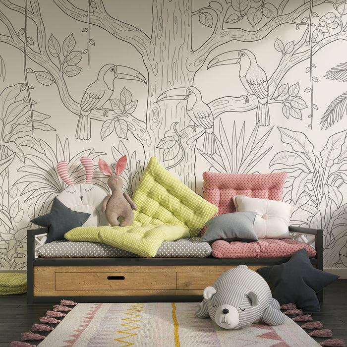 Papel de parede criança | Arte da selva com tucanos para colorir