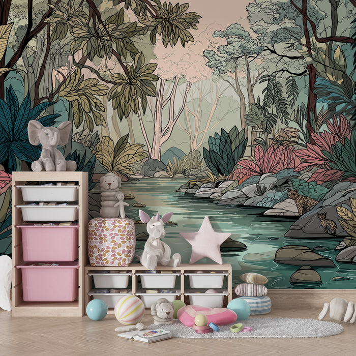 Kinderkamer behang | Exotische jungle met rivier en dieren
