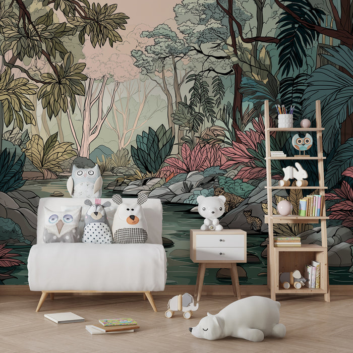 Kinderkamer behang | Exotische jungle met rivier en dieren