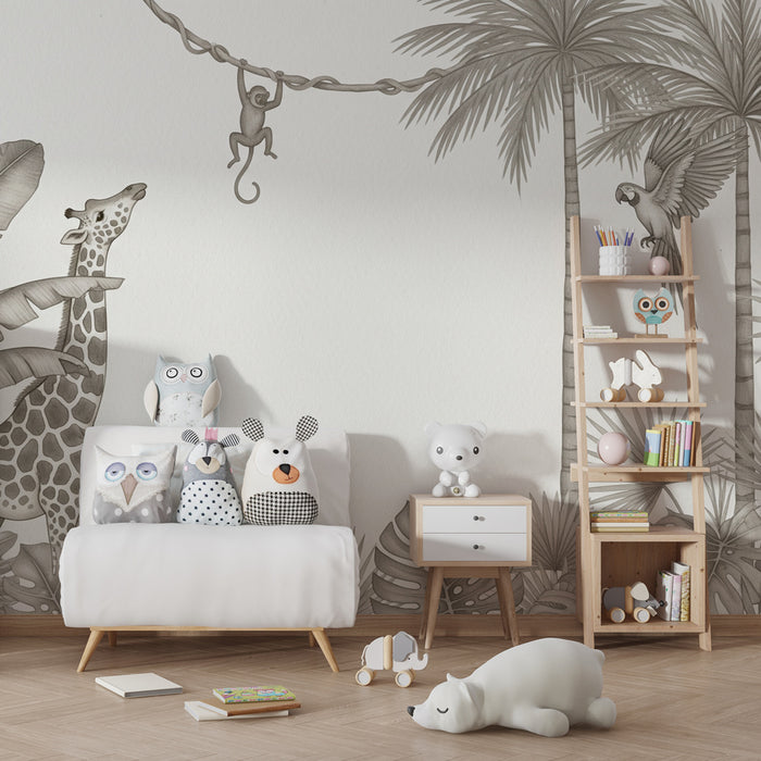 Papel de parede criança | Selva monocromática com girafa e macaco
