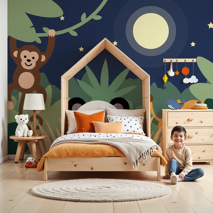 Papier peint chambre enfant | Jungle nocturne avec animaux adorables