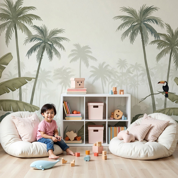 Papier peint chambre enfant | Jungle tropicale avec toucan et palmiers