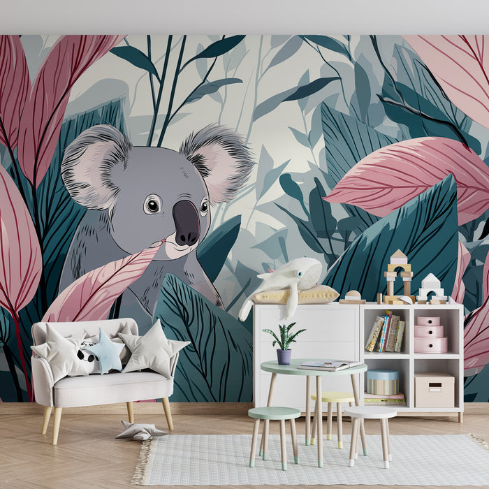 Papel de parede criança | Koala travesso e folhagens coloridas