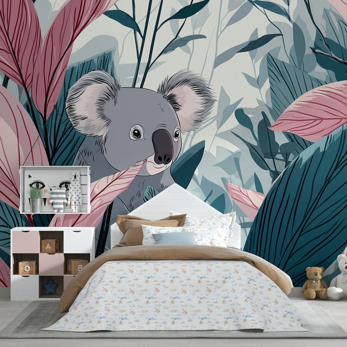 Papel de parede criança | Koala travesso e folhagens coloridas