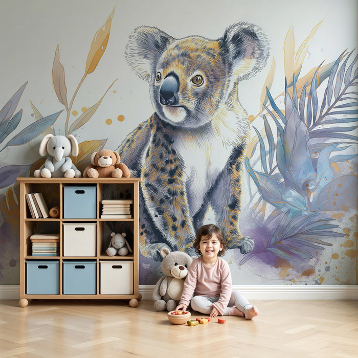 Papel de parede criança | Koala e folhagem tropical