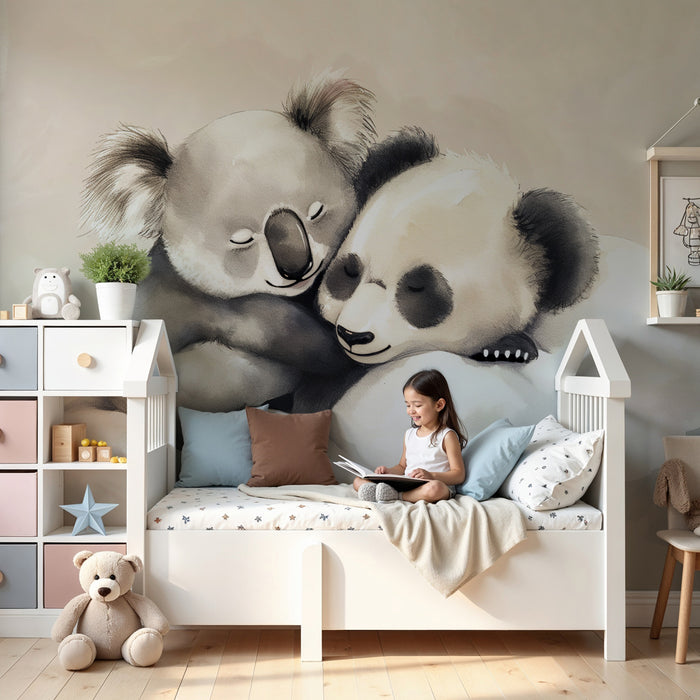 Papier peint chambre enfant | Koala et panda adorables dans les nuages