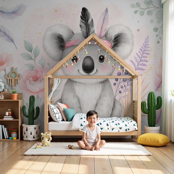 Carta da parati bambini | Koala carino in mezzo a fiori e piume