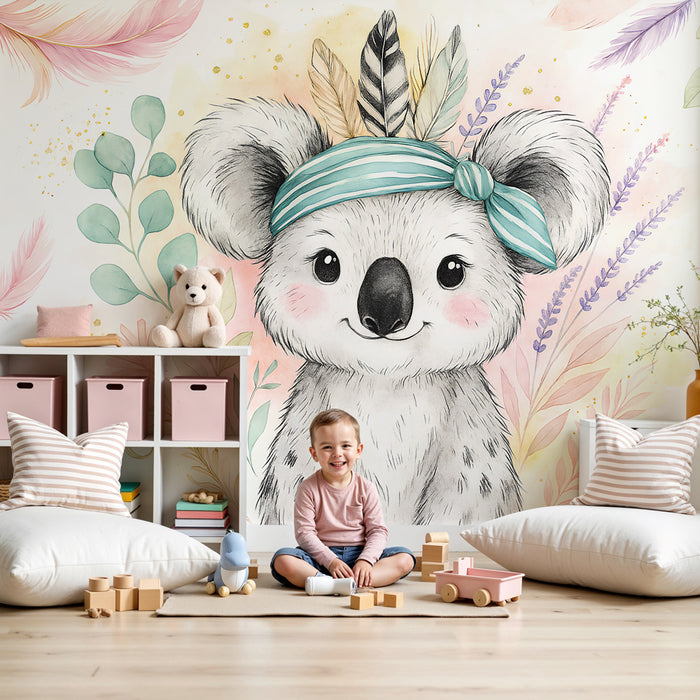 Kinderzimmer Tapete | Niedlicher Koala und zarte Vegetation