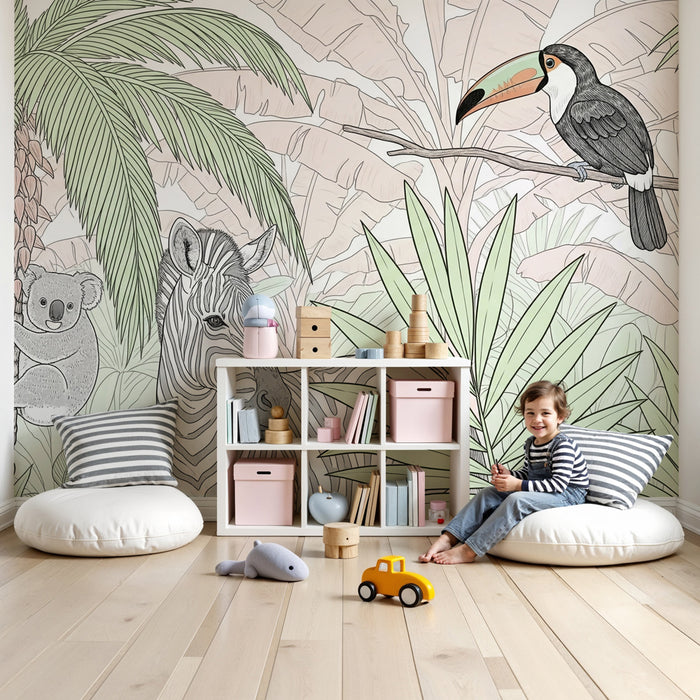 Kinderkamer behang | Koala, zebra en toekan in de jungle