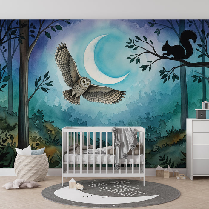 Papier peint chambre enfant | L'univers nocturne avec hibou et écureuil