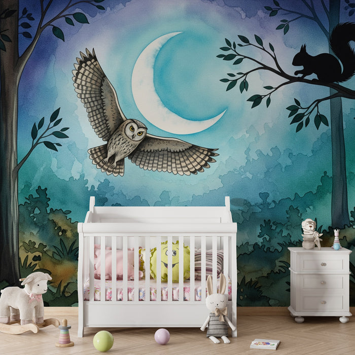 Papier peint chambre enfant | L'univers nocturne avec hibou et écureuil