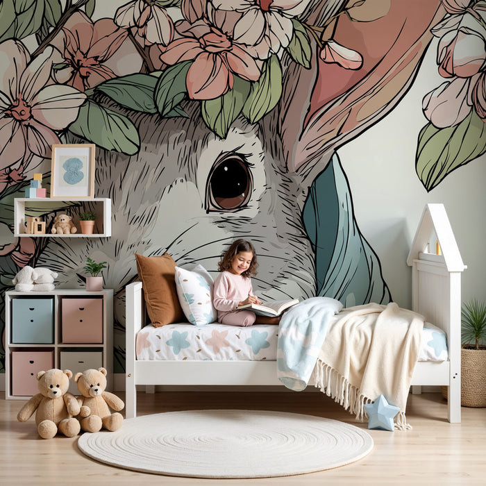 Papel pintado infantil | Conejo en medio de las flores