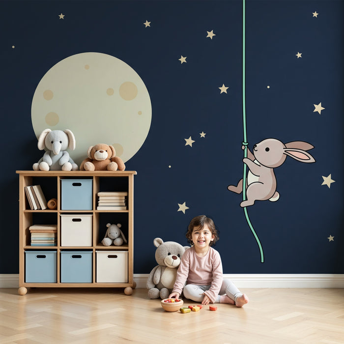 Papel pintado infantil | Conejo aventurero bajo la luna