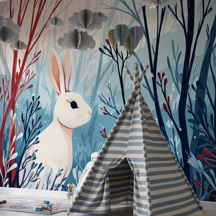Kids room wallpaper | White rabbit in the enchanted forest