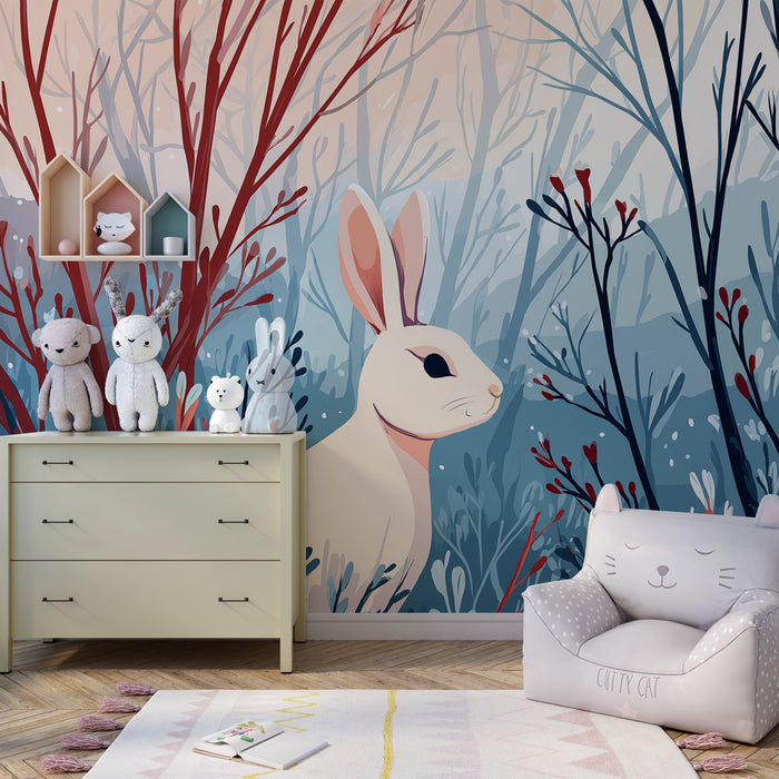 Kids room wallpaper | White rabbit in the enchanted forest