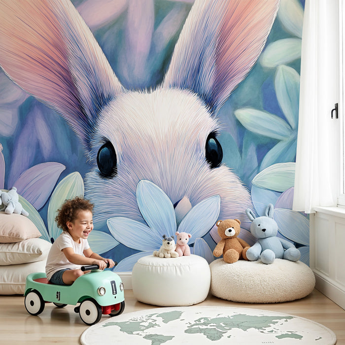 Papel pintado infantil | Conejo curioso en medio de las flores