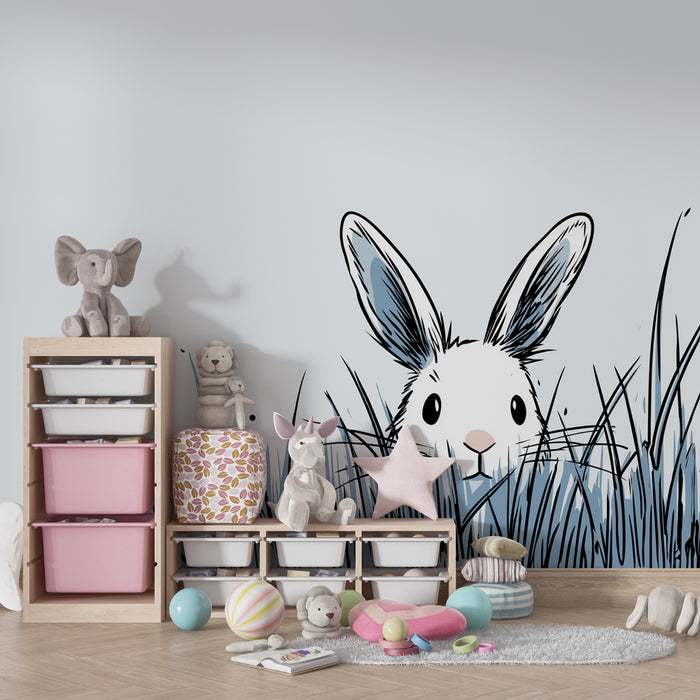 Papier peint chambre enfant | Lapin curieux dans l'herbe