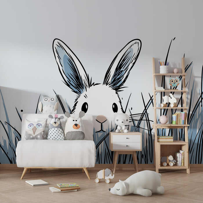 Papier peint chambre enfant | Lapin curieux dans l'herbe