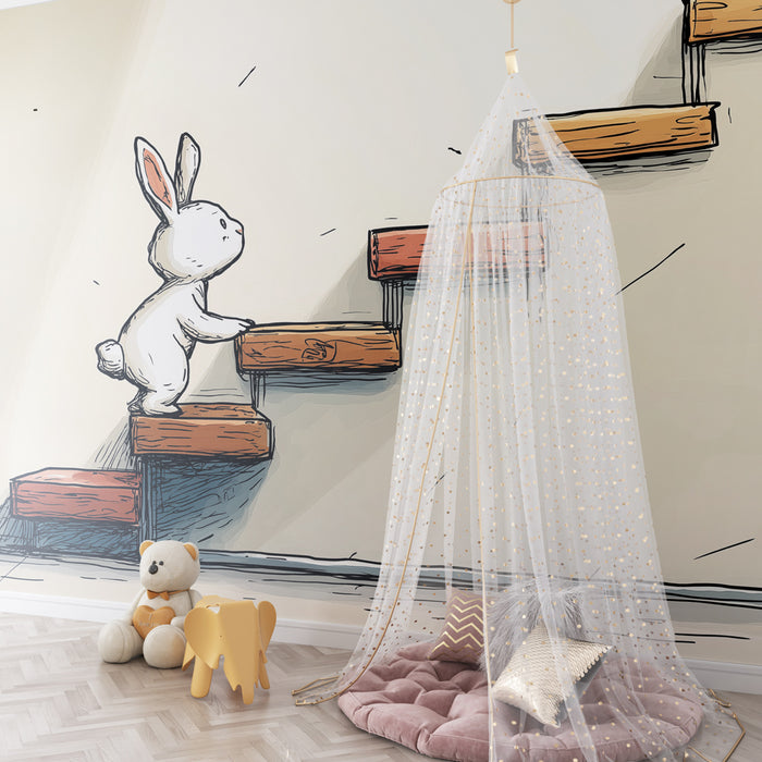 Carta da parati bambini | Coniglio curioso che sale le scale