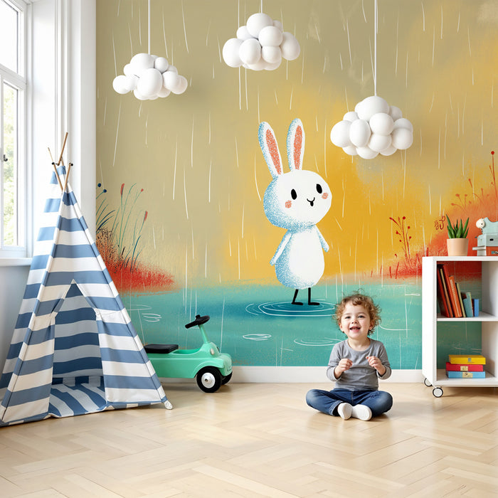 Kinderzimmer Tapete | Hase im magischen Regen