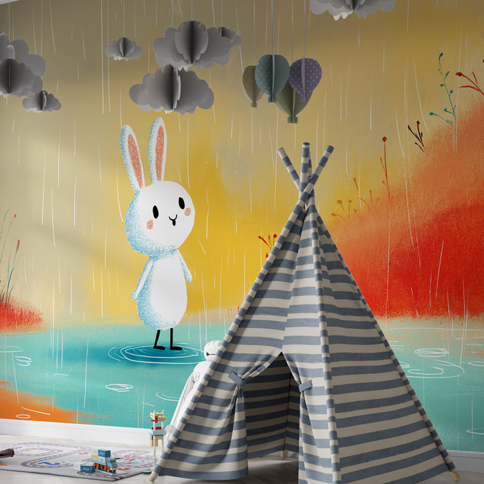 Kinderzimmer Tapete | Hase im magischen Regen